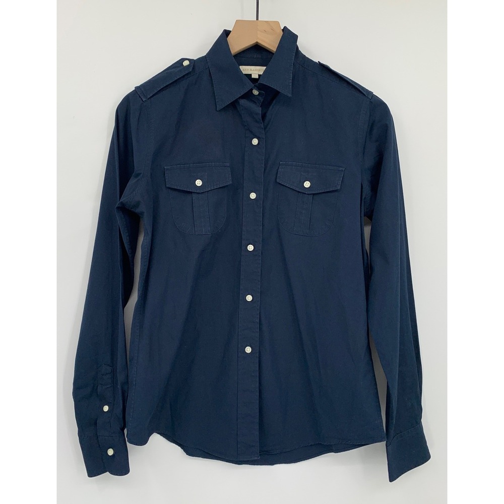 Ann Mashburn Shirt Womens Medium Navy Blue Preppy Military Epaulets Cotton